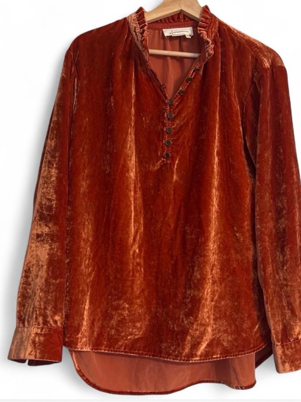Anthropologie Rust Velvet Button-Front Long Sleeve Top